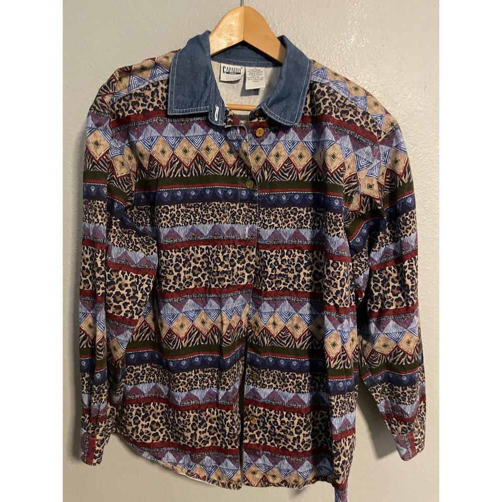 VTG Capacity Woman Button Up Womens 1X Multicolor Animal Print Geometric Art 90s